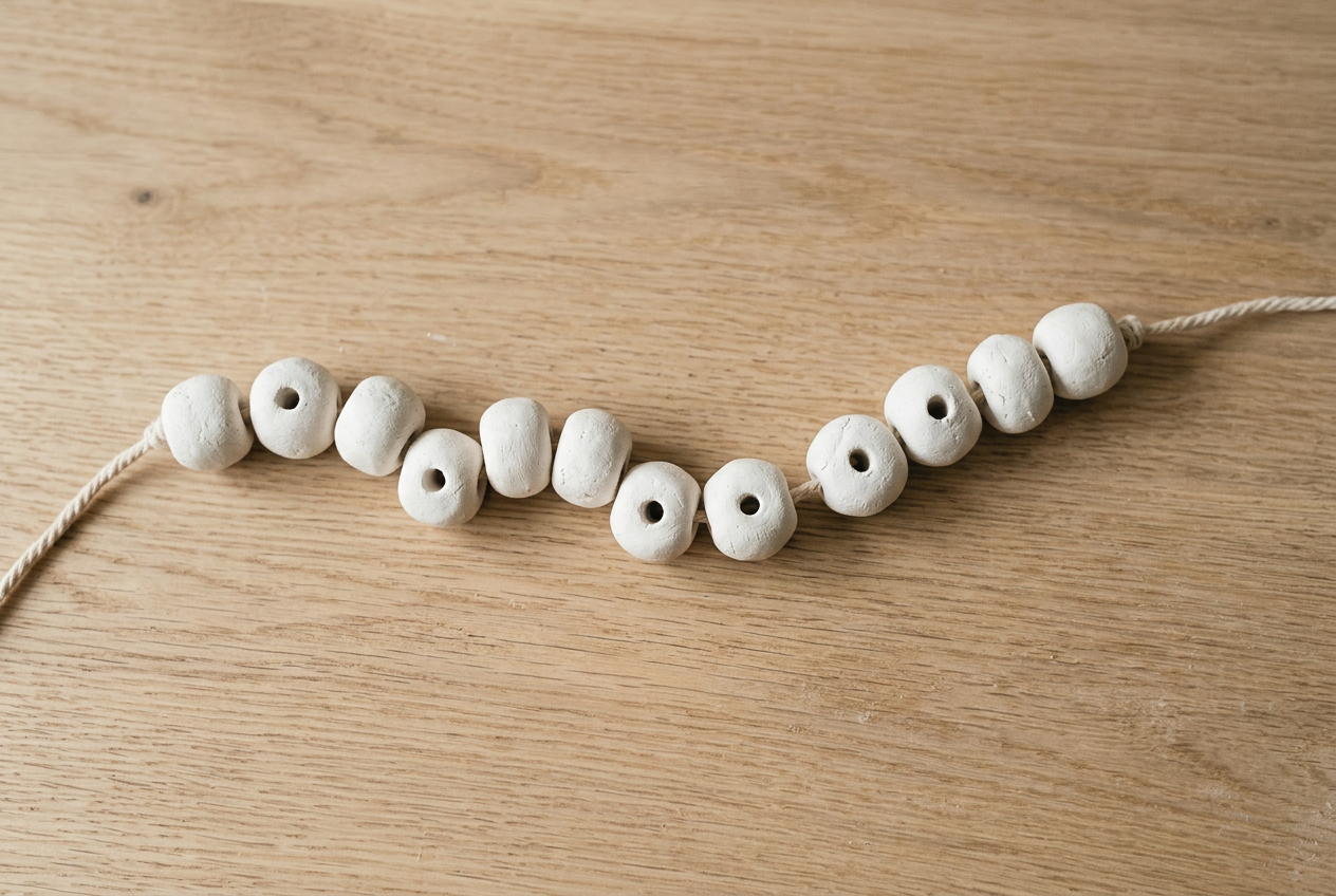 A row of small rolled clay beads threaded loosely on cotton cord