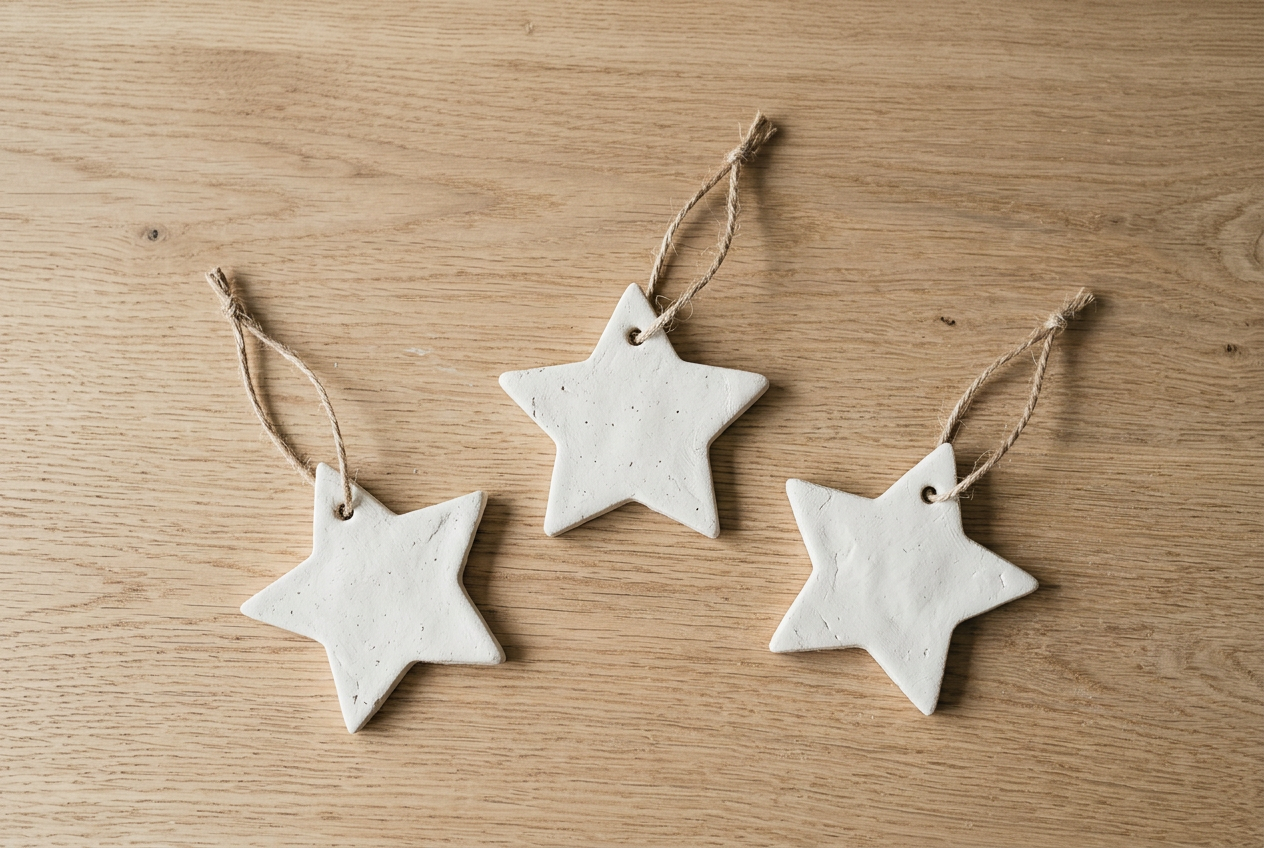 Three flat white clay stars with hanging holes and twine loops