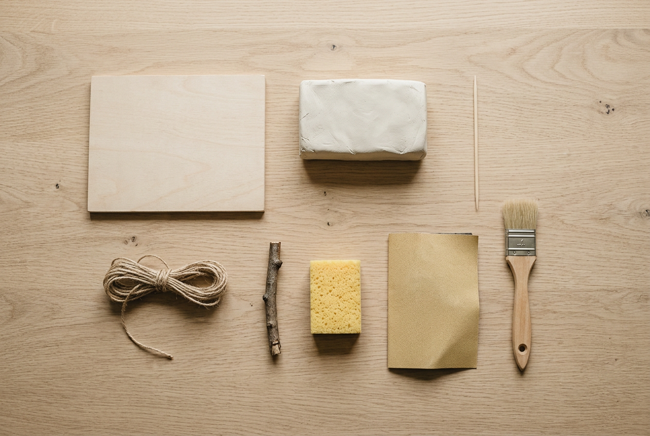 Clay, twine, a skewer and a twig laid out on a table for a pumpkin