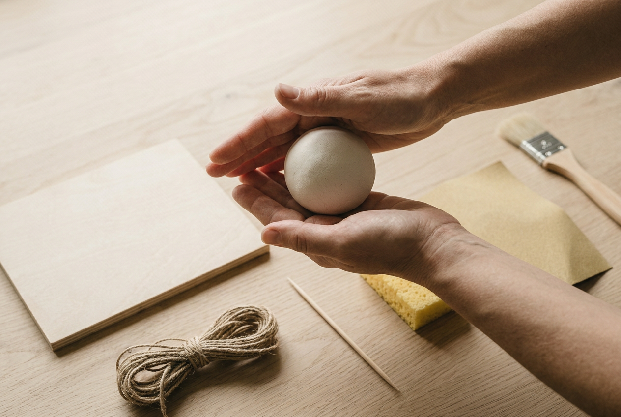 A ball of off-white clay being rolled smooth between two palms