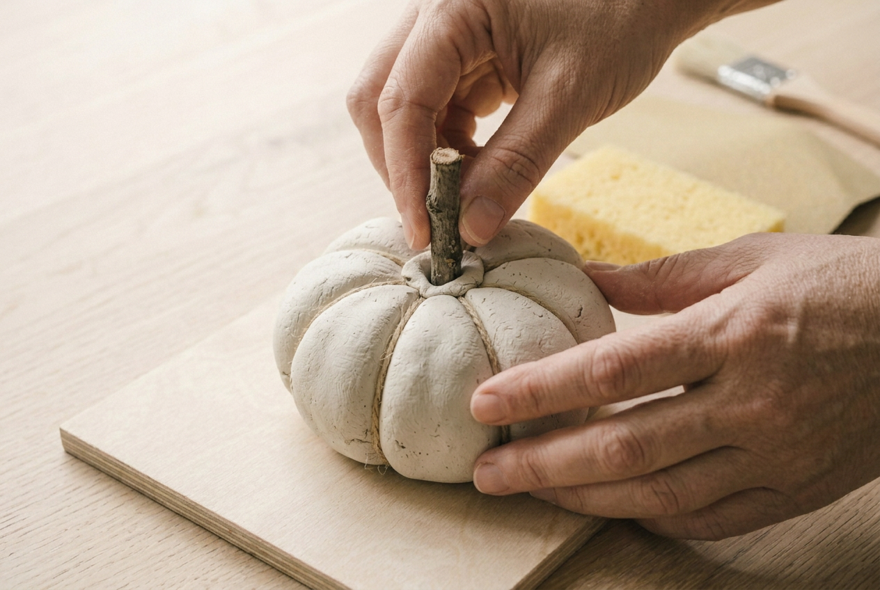 A short twig being pushed into the dimple on top of the ribbed pumpkin