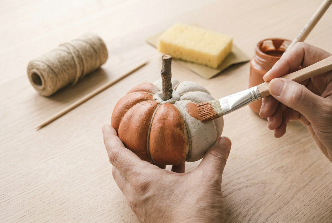 The dried pumpkin being painted burnt orange with a soft brush