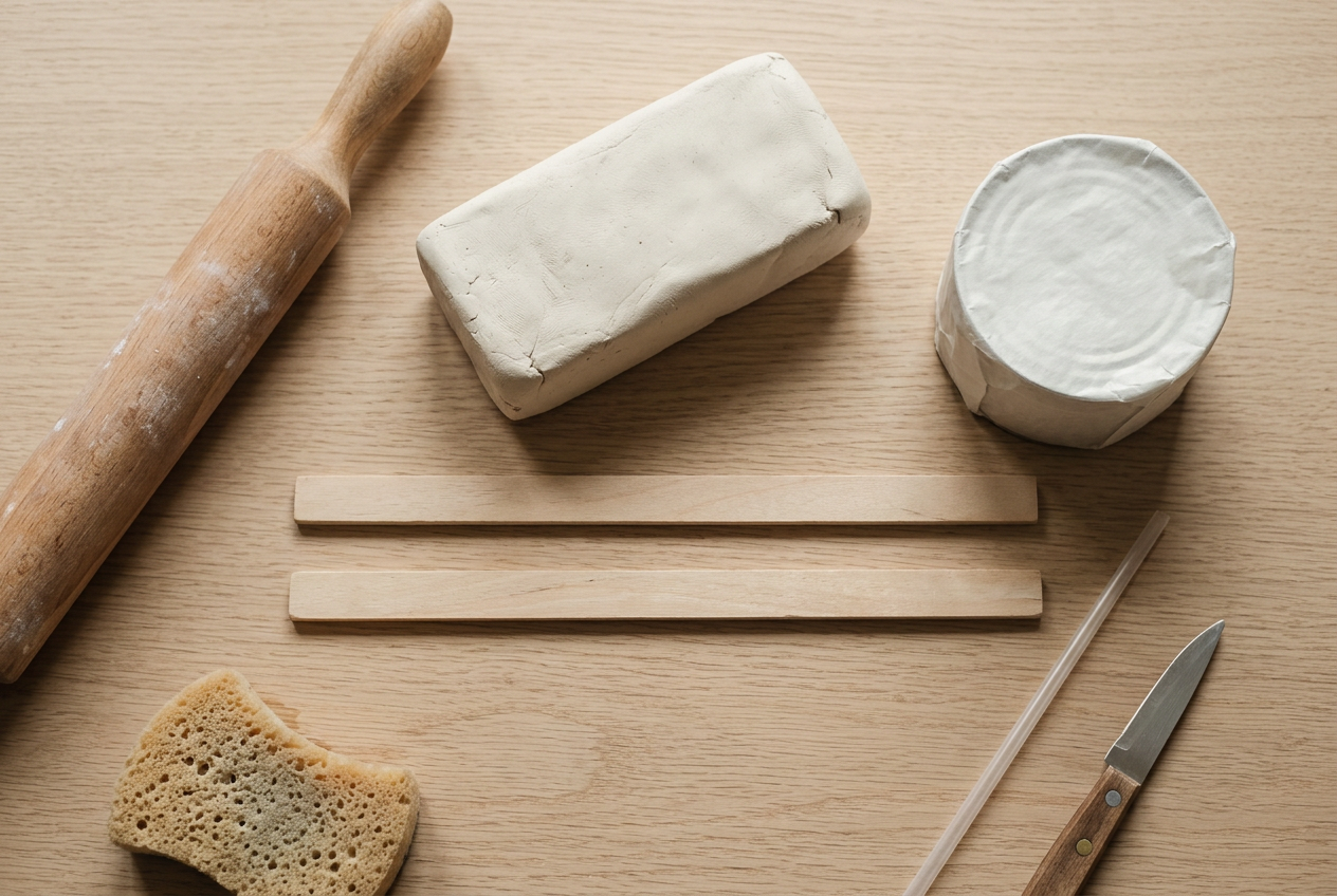 Clay, a rolling pin, guide strips and a plain unprinted paper-wrapped tin former set out