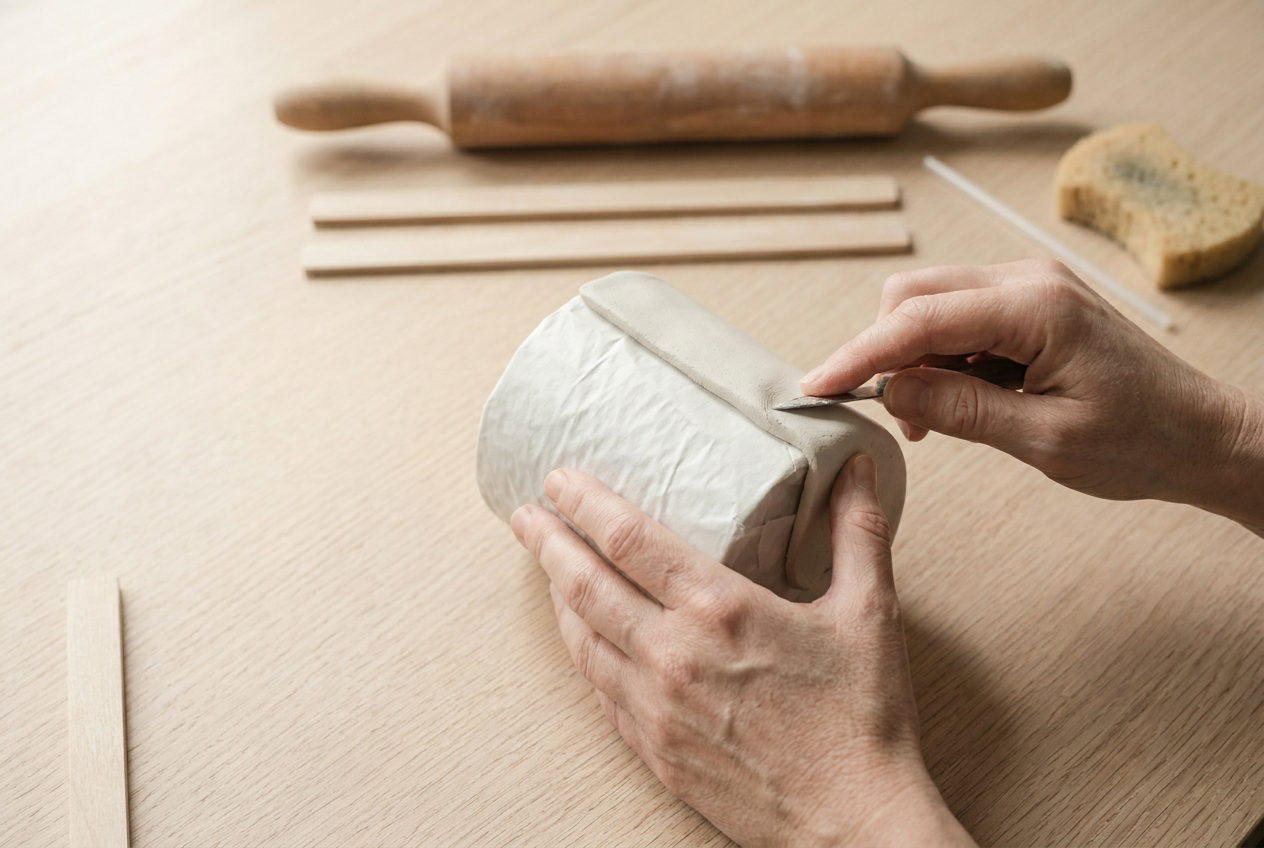 The clay sheet being wrapped around the plain unprinted paper-covered tin and the seam joined