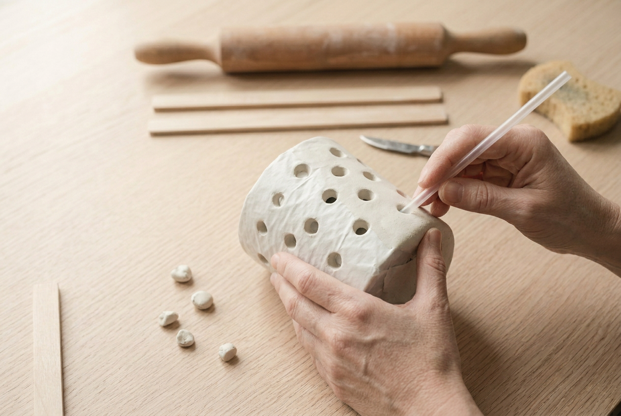 A drinking straw punching holes through the soft clay cylinder wall