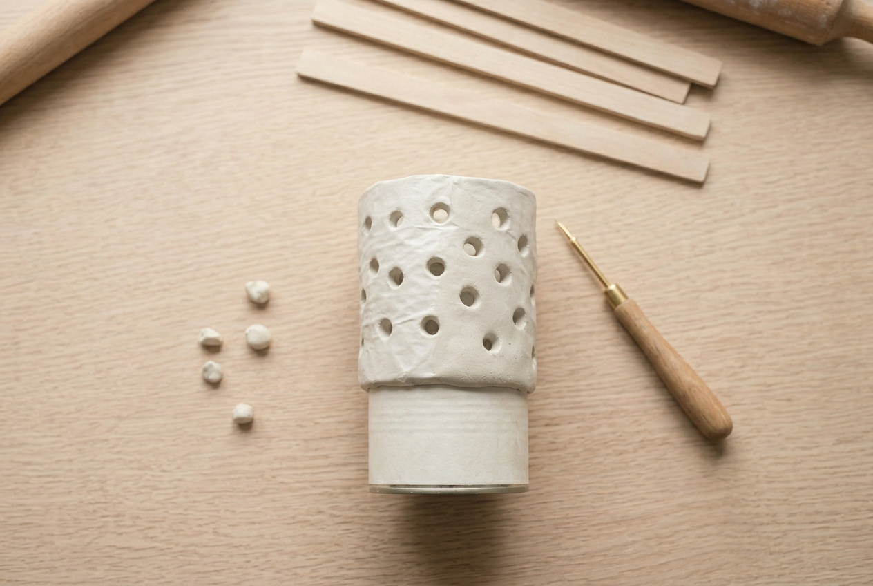 The pierced clay cylinder standing on its former to hold its round shape