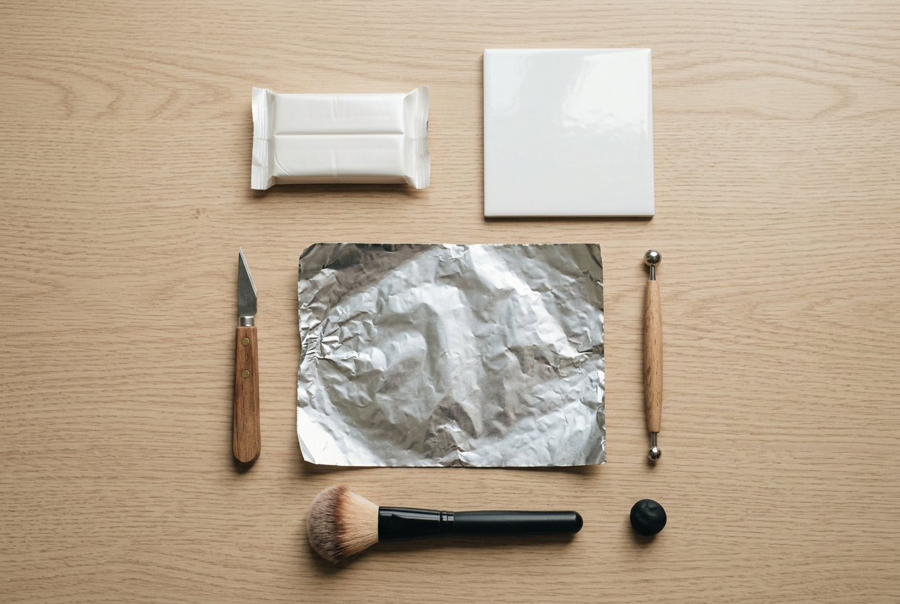 White polymer clay, a tile, foil and a stylus set out for making ghosts