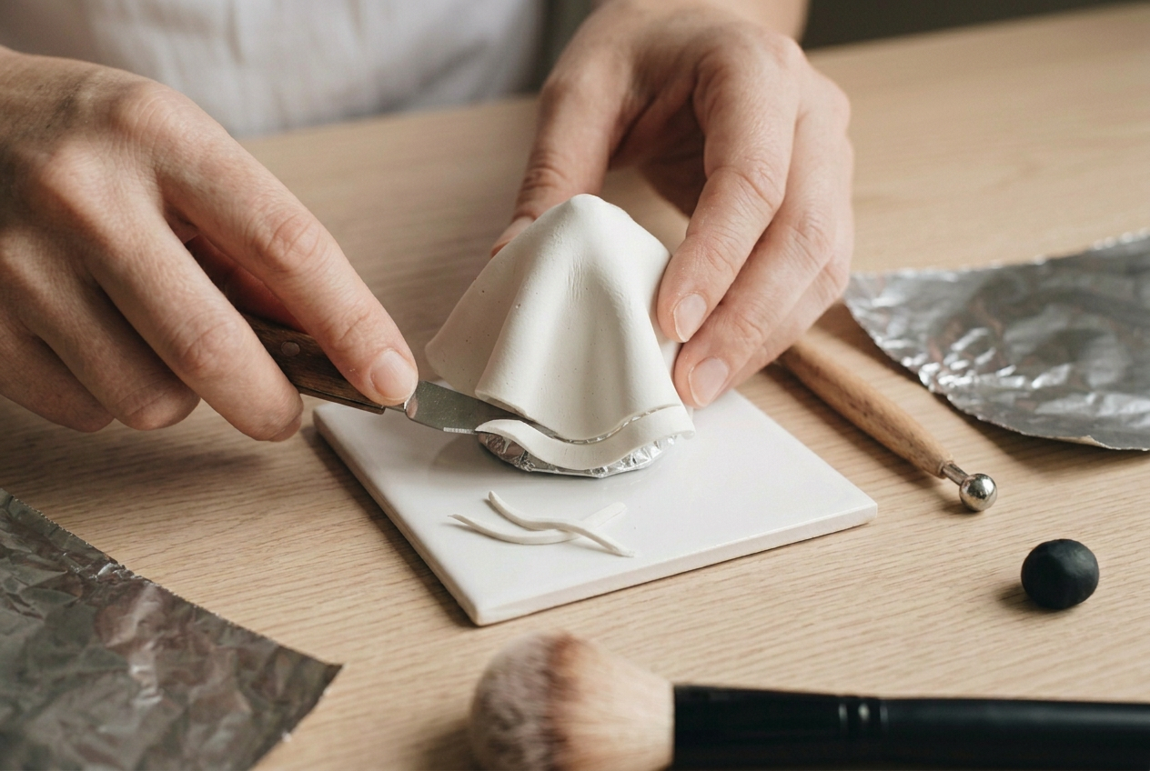 A craft knife trimming the bottom of the draped clay into a shallow wave