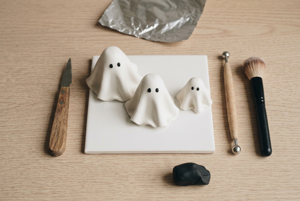 Three finished white clay ghosts standing on the tile after baking