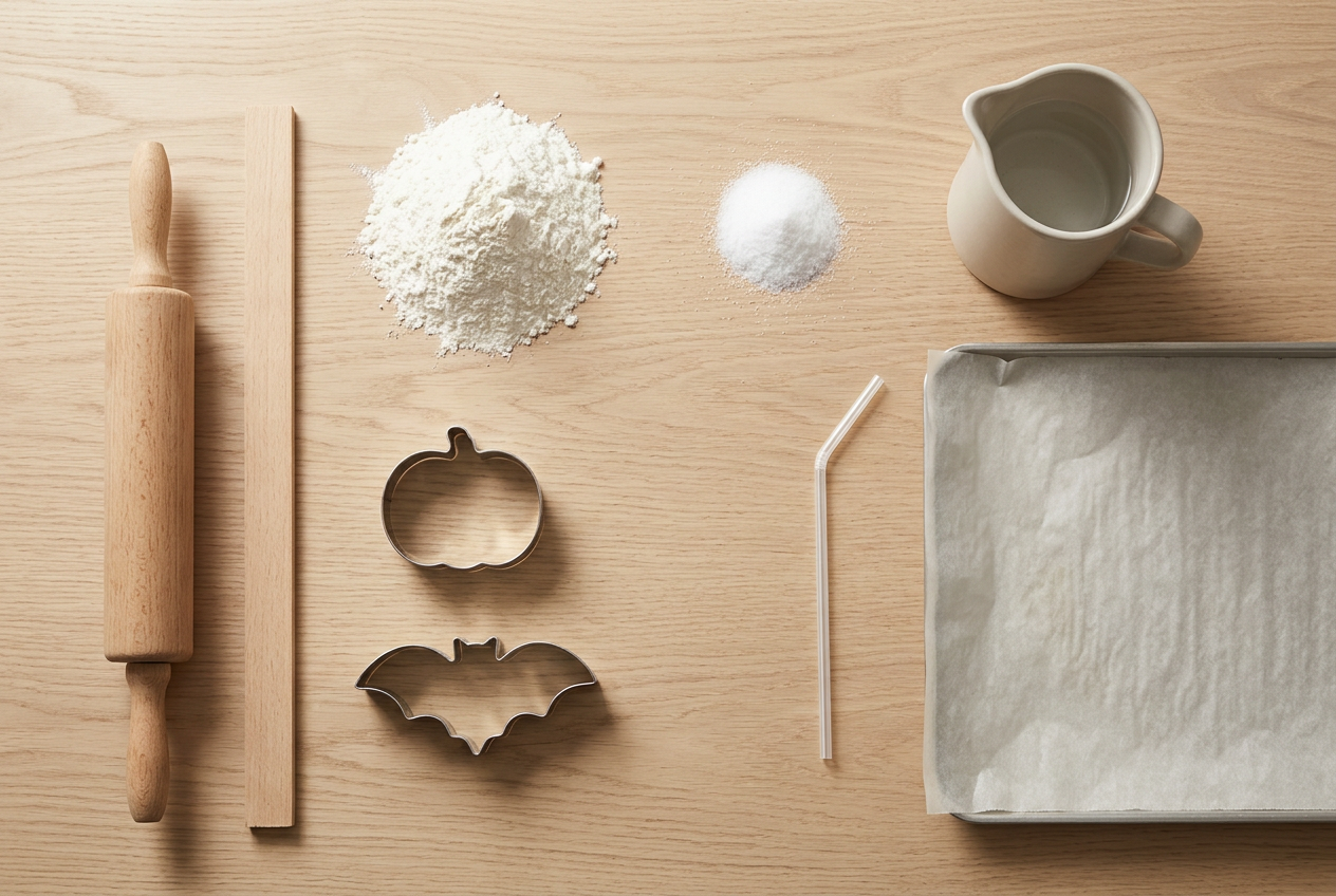 Flour, salt, cutters and a rolling pin set out for salt dough decorations
