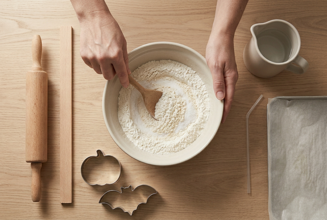Flour and salt being stirred together dry in a bowl before water is added