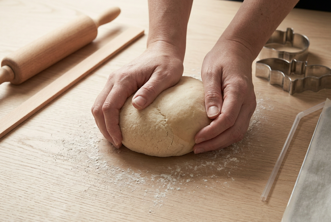 Pale salt dough being kneaded smooth on a lightly floured table