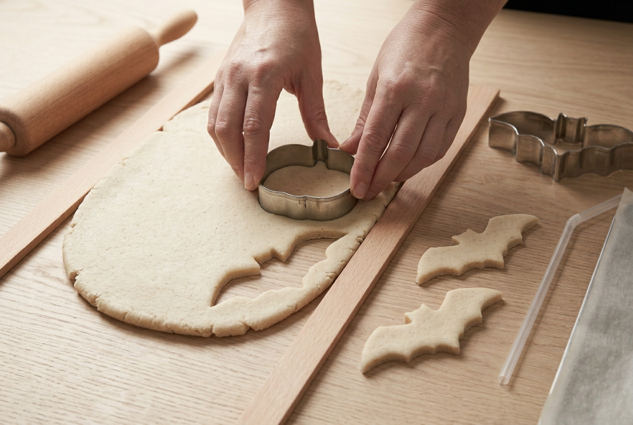 A pumpkin cutter being pressed straight down into an 8mm sheet of salt dough