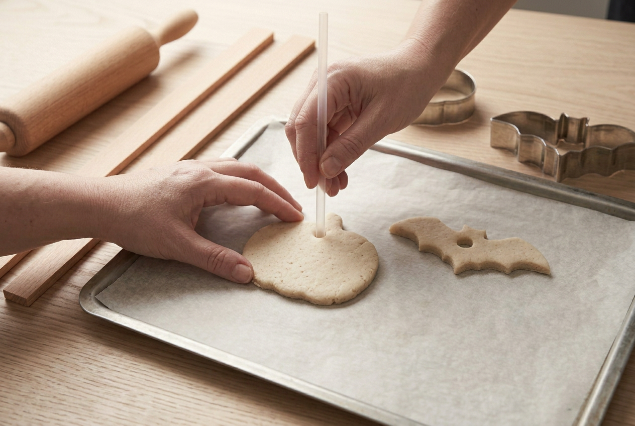 A drinking straw punching a hanging hole near the top of a salt dough pumpkin