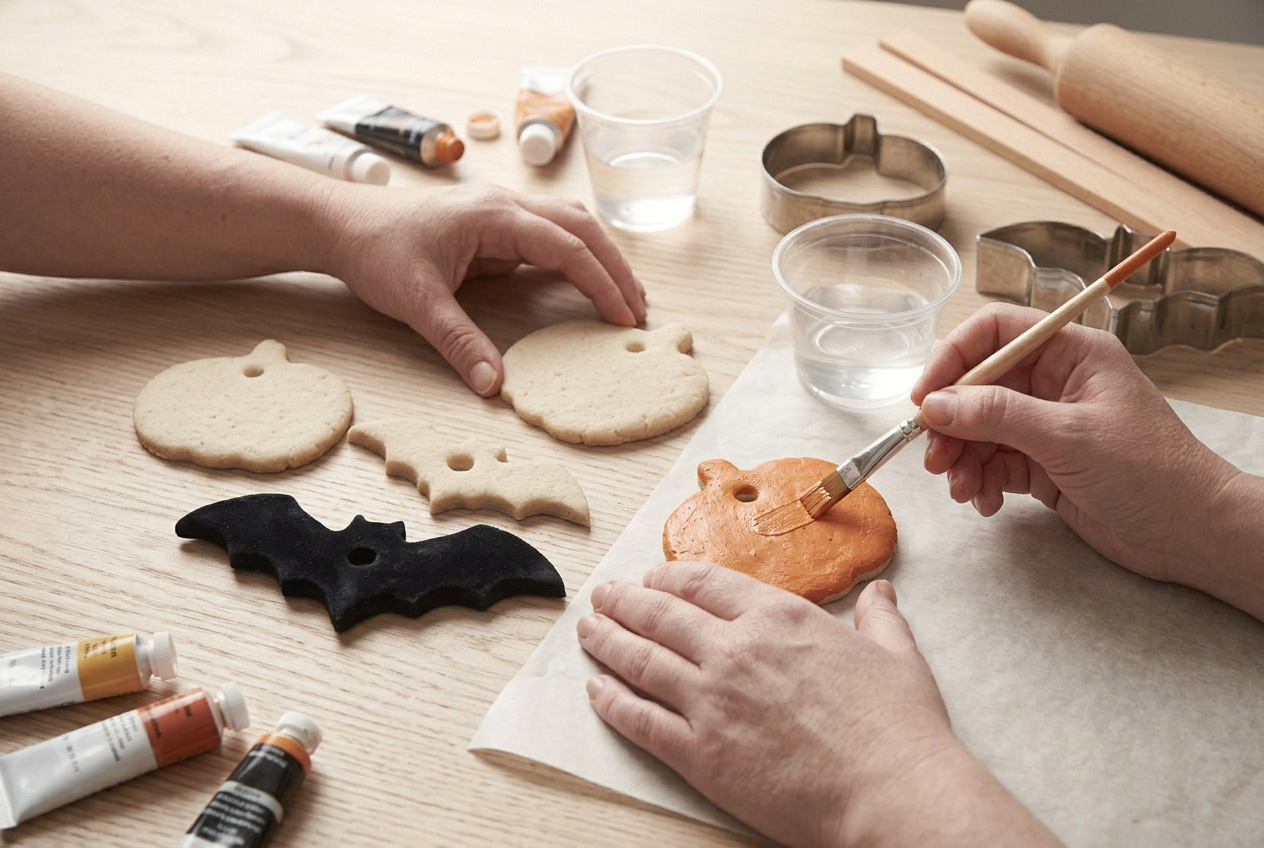 Baked salt dough pumpkins and bats being painted orange and black